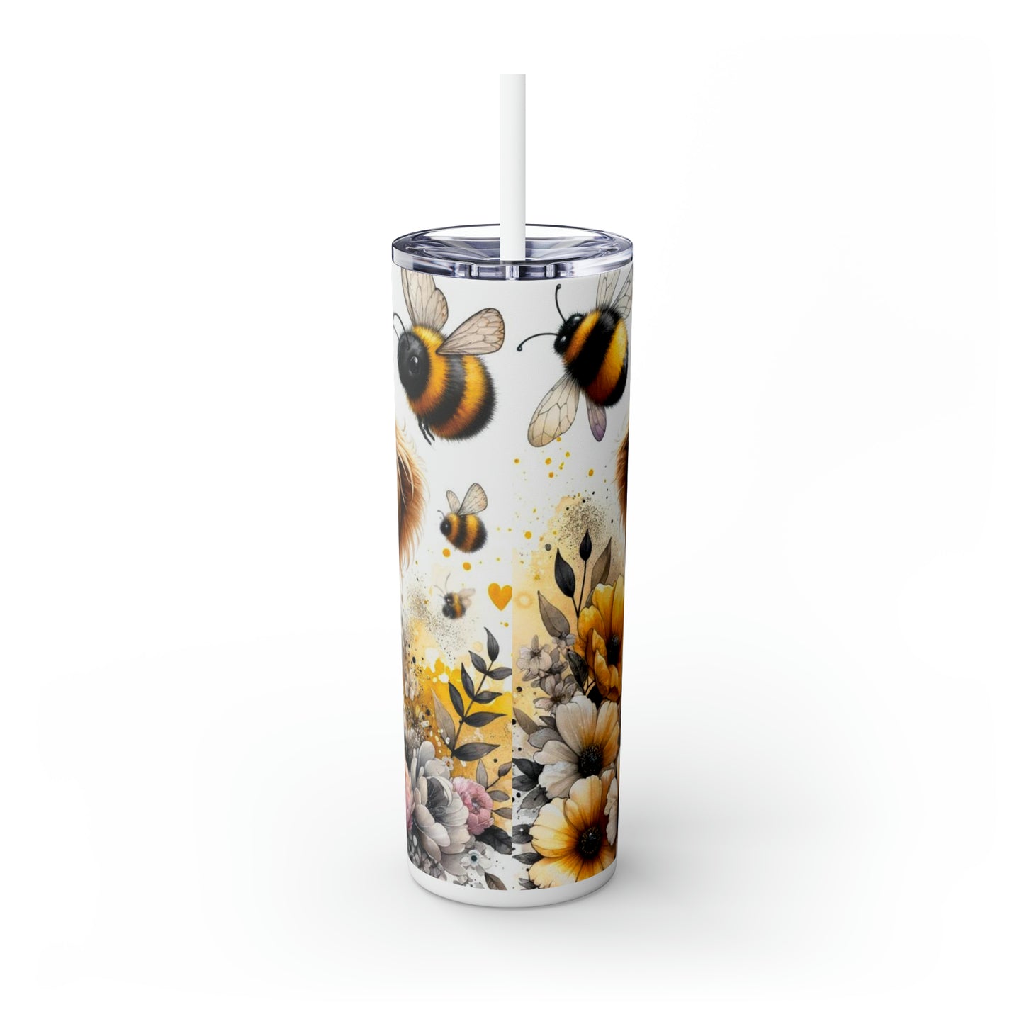 Skinny Tumbler with Straw, 20oz, Highland Cow, Sunflowers, Bees, awd-701