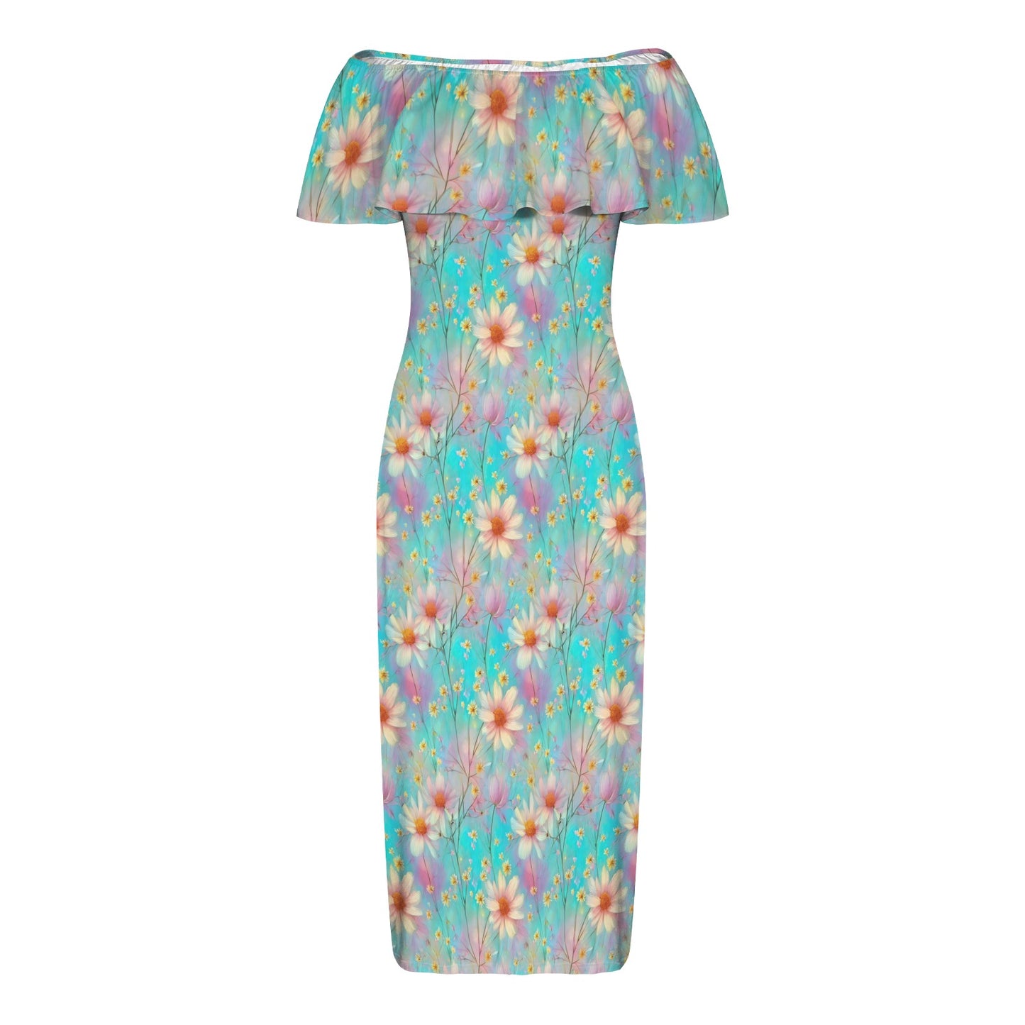 Green Floral Women's Off Shoulder Ruffle Boat Neck Dress (Model D71)