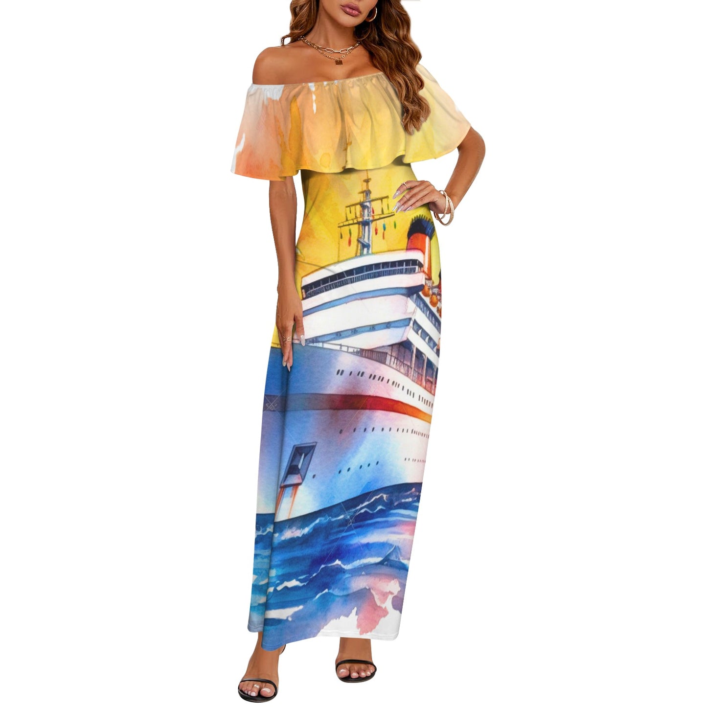 Just Cruisin 2 Women's Off Shoulder Ruffle Boat Neck Dress (Model D71)