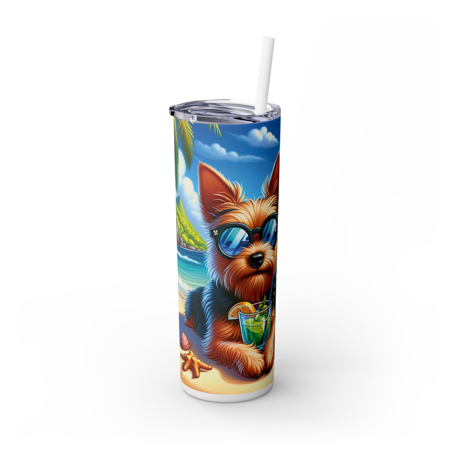 Skinny Tumbler with Straw, 20oz, Dog on Beach, Australian Terrier, awd-1112