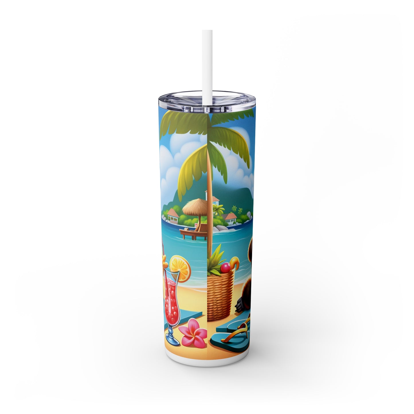 Skinny Tumbler with Straw, 20oz, Dog on Beach,  Black Poodle, awd-1345