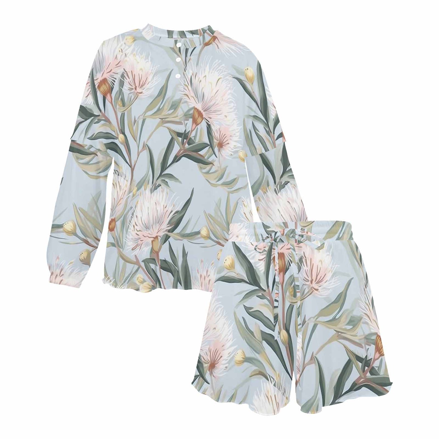 Australian Floral Blue  Women's Long Sleeve Pajama Set with Shorts