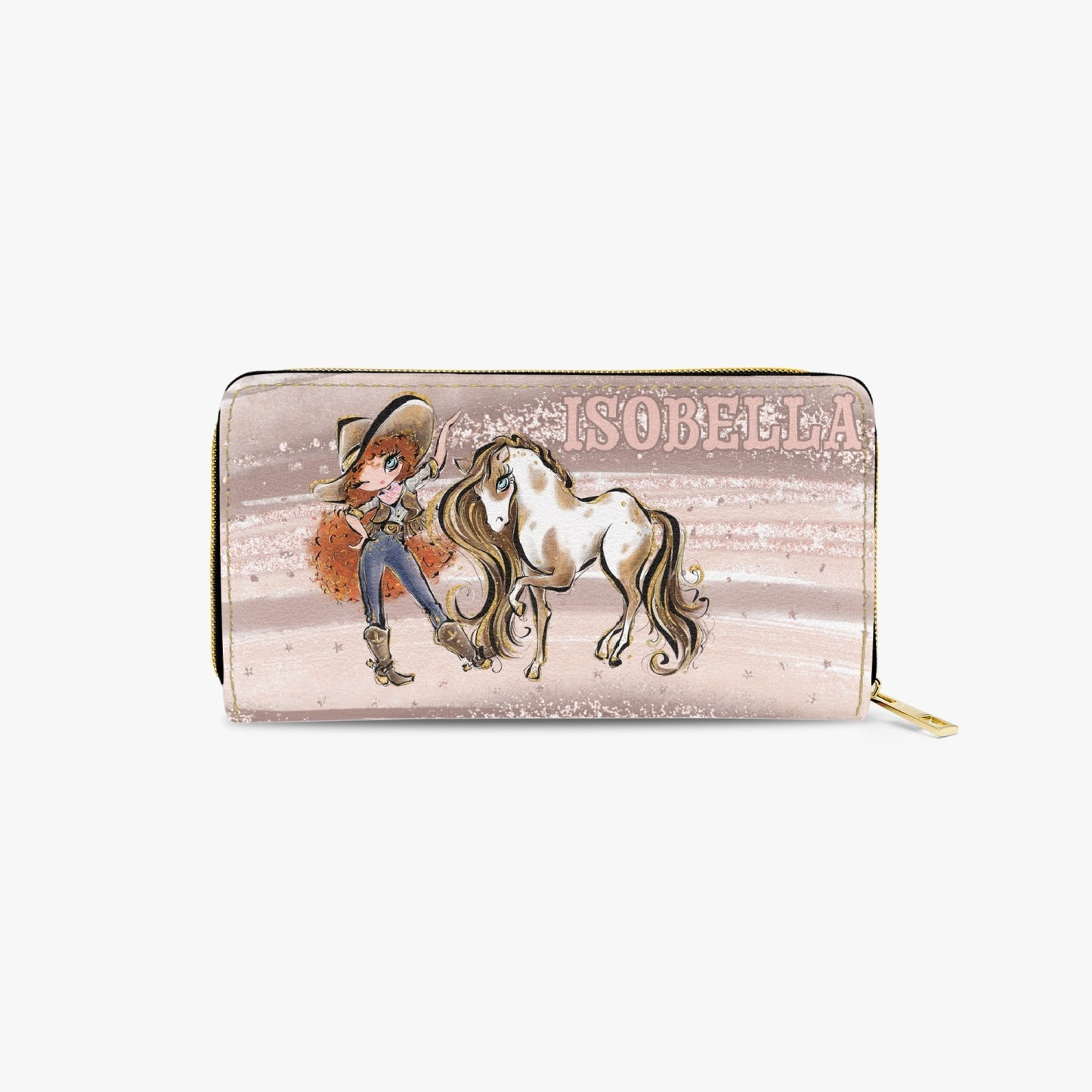 Long Type Zipper Purse, Howdy Cowgirl & Horse, Red Curly Hair Blue Eyes, Personalised