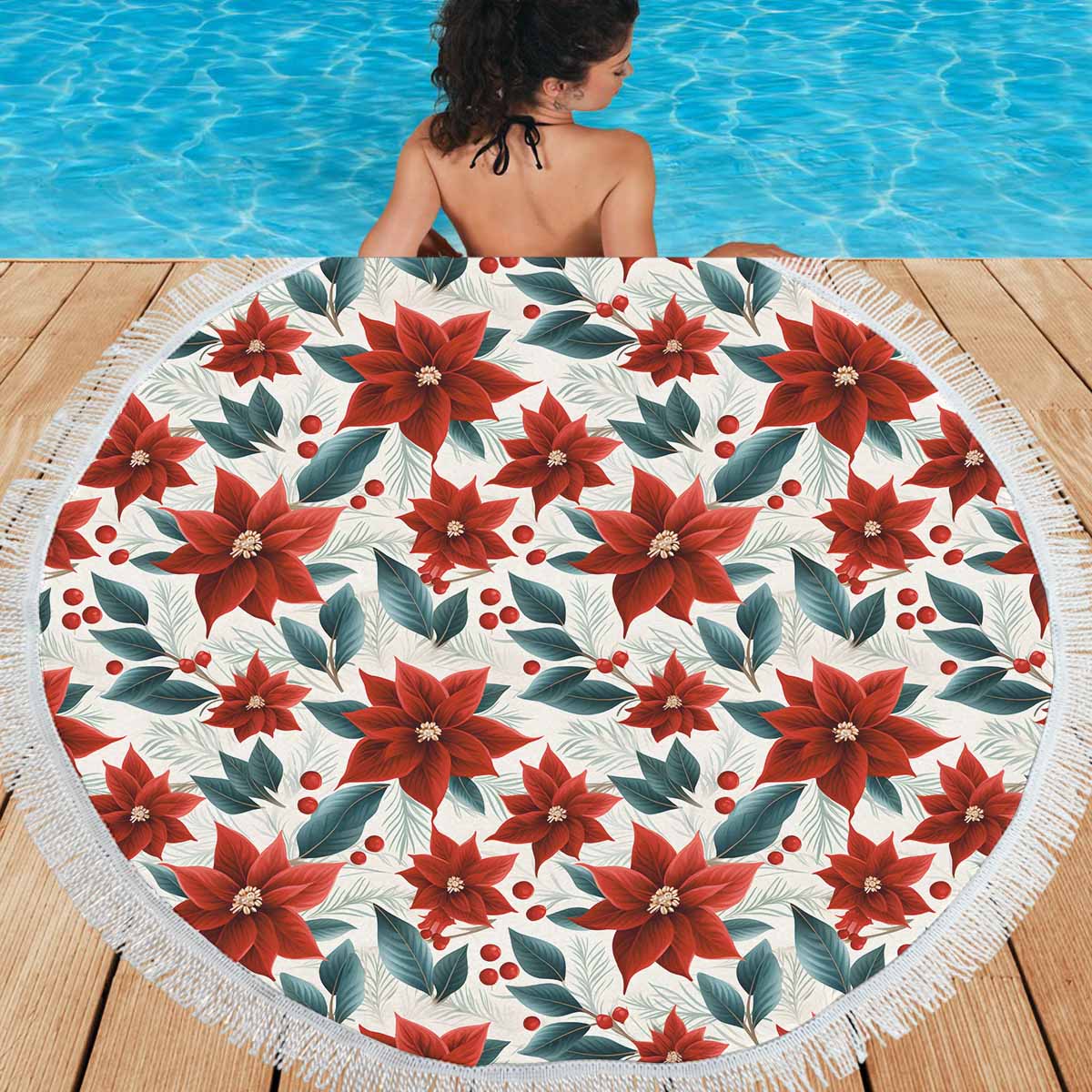 Christmas Red Poinsettia  Circular Beach Shawl 59"