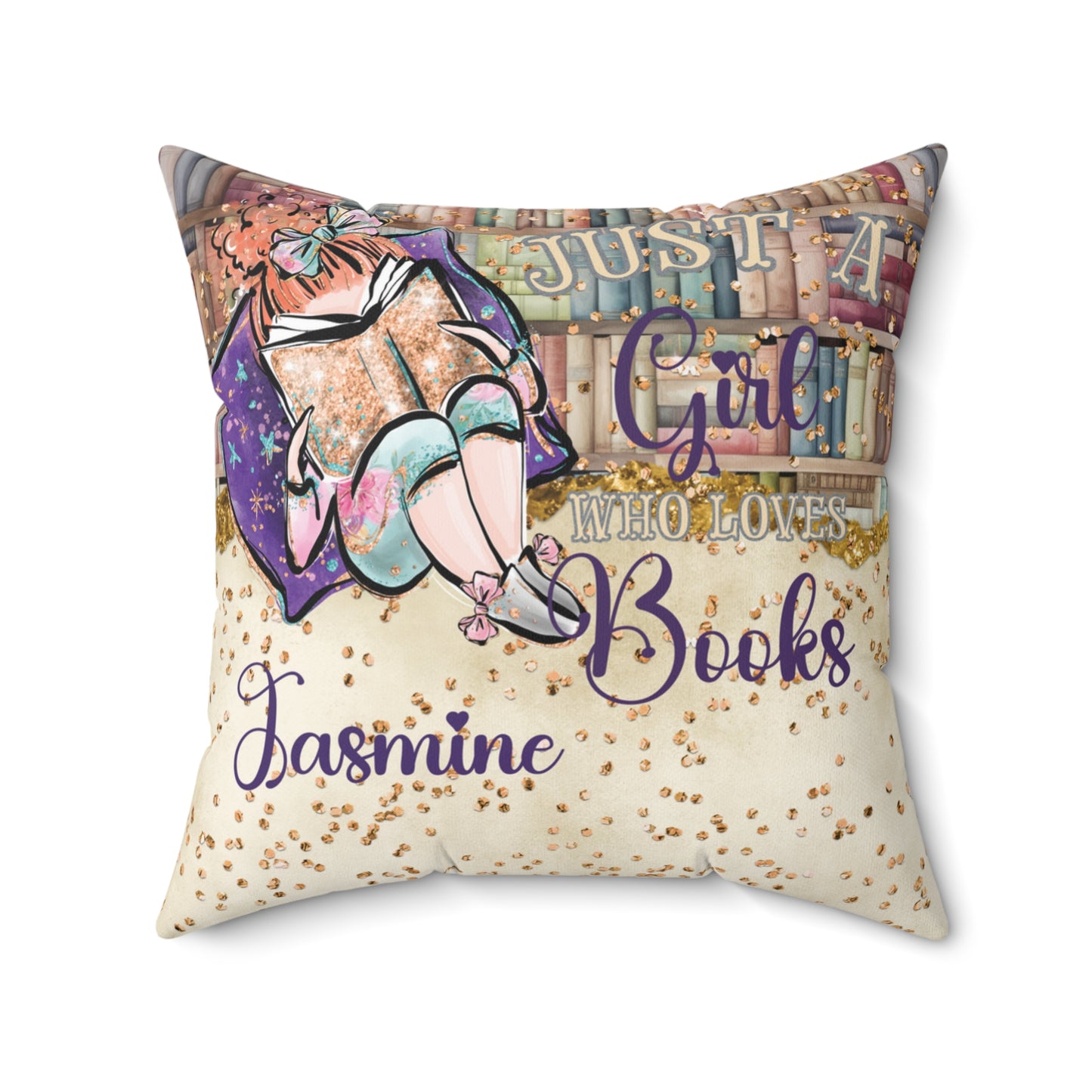 Polyester Square Pillow, Just a Girl who Loves Books, Red Hair