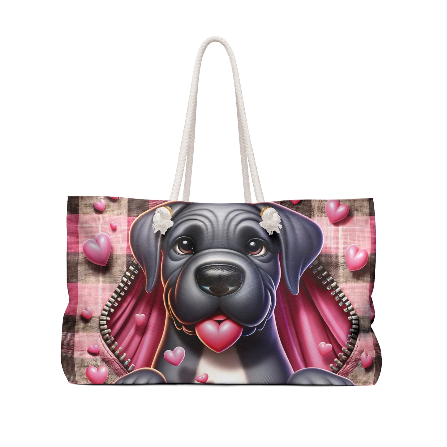 Personalised/Non-Personalised Weekender Bag, Cute Dog, Zipper, Valentines Day, Large Weekender Bag, Beach Bag, Book Bag