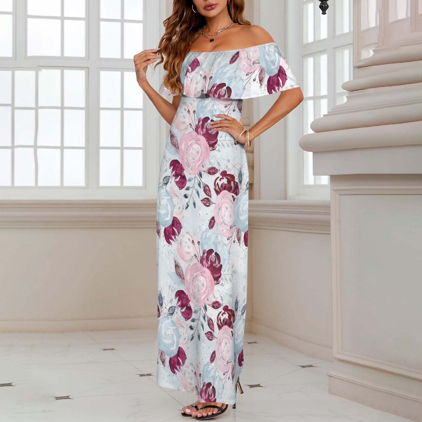 Roses Pink Blue Women's Off Shoulder Ruffle Boat Neck Dress (Model D71)