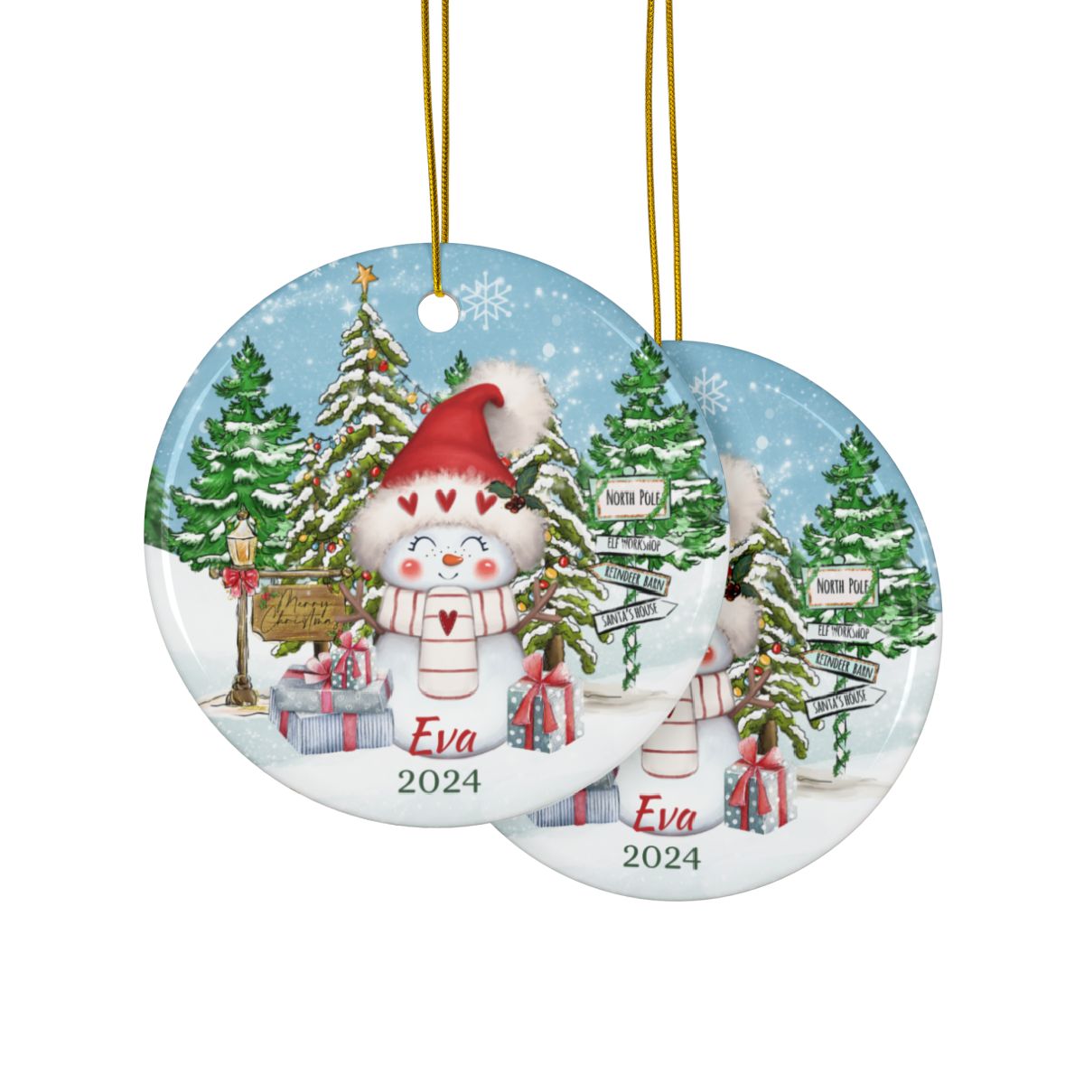 Personalized Snowman Ornament, Custom Ceramic Ornament, Holiday Christmas Decoration, Winter Keepsake Gift, Snowy Scene Ornament