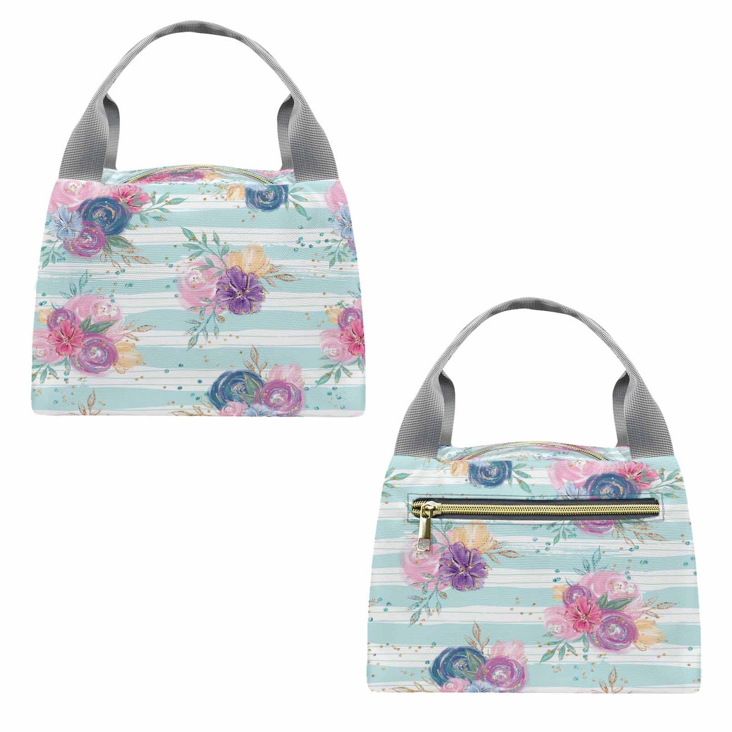 Purple and Pink floral Blue Stripes  Portable Lunch Bag-Grey Handle