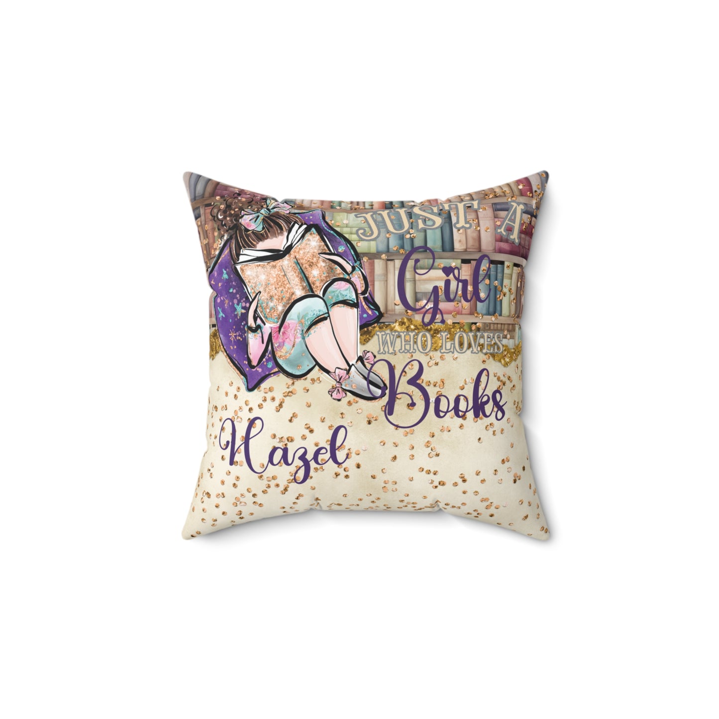 Polyester Square Pillow, Just a Girl who Loves Books, Brunette Hair