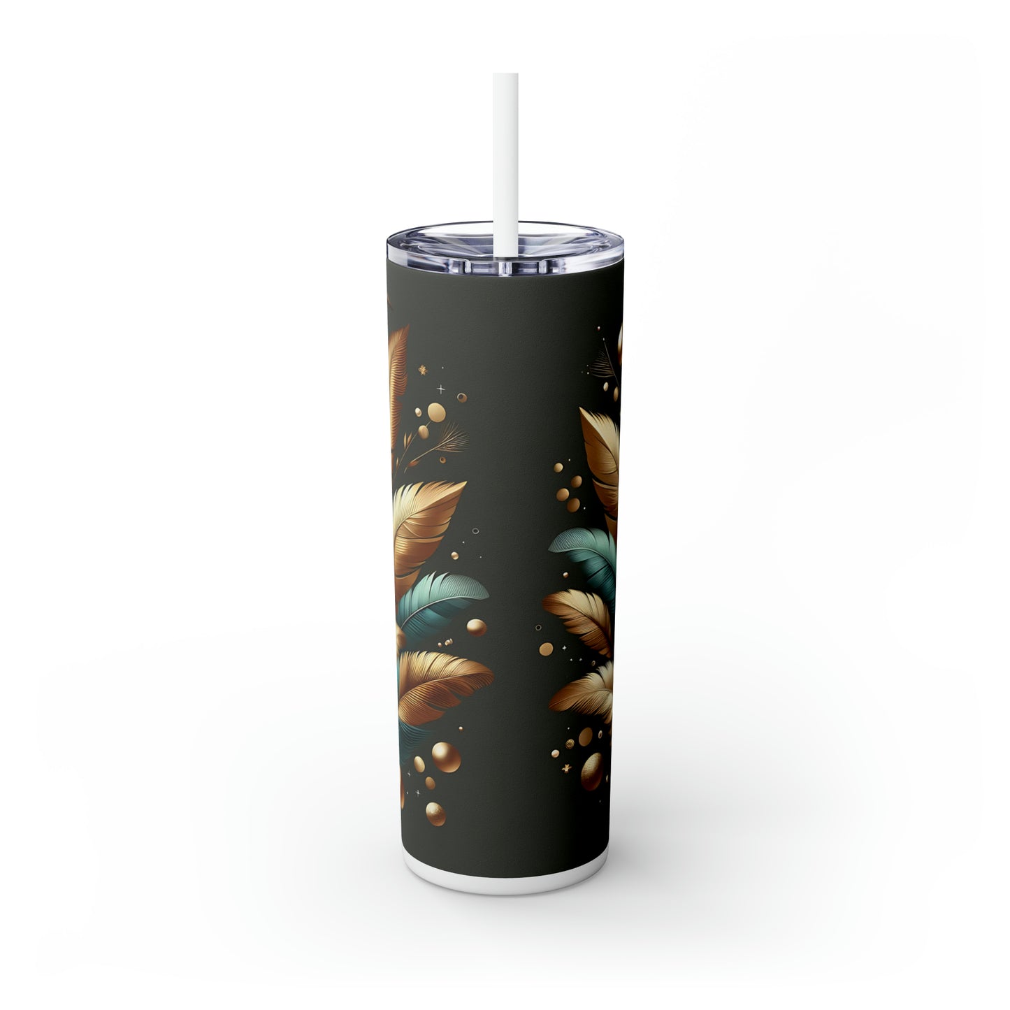 Skinny Tumbler with Straw, 20oz, Green and Gold Leaves, awd-308