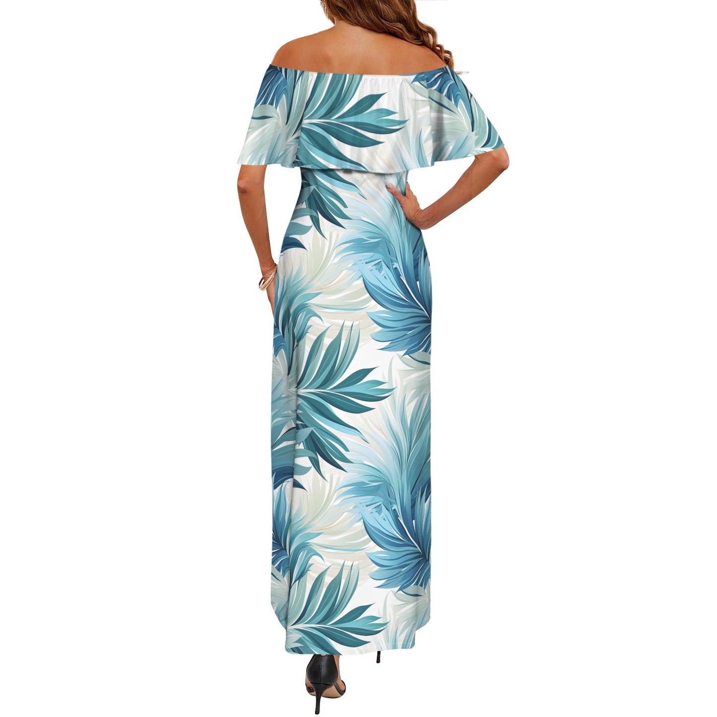 Blue Palms Women's Off Shoulder Ruffle Boat Neck Dress (Model D71)