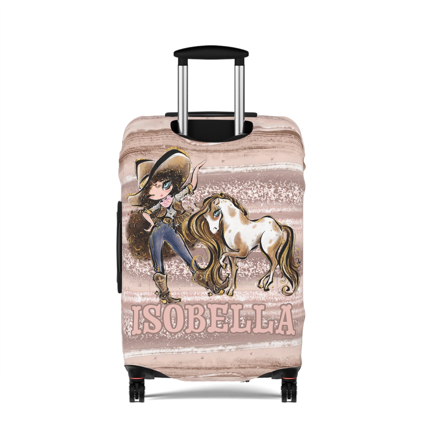 Luggage Cover, Howdy Cowgirl and Horse, Brunette Curly Hair Blue Eyes