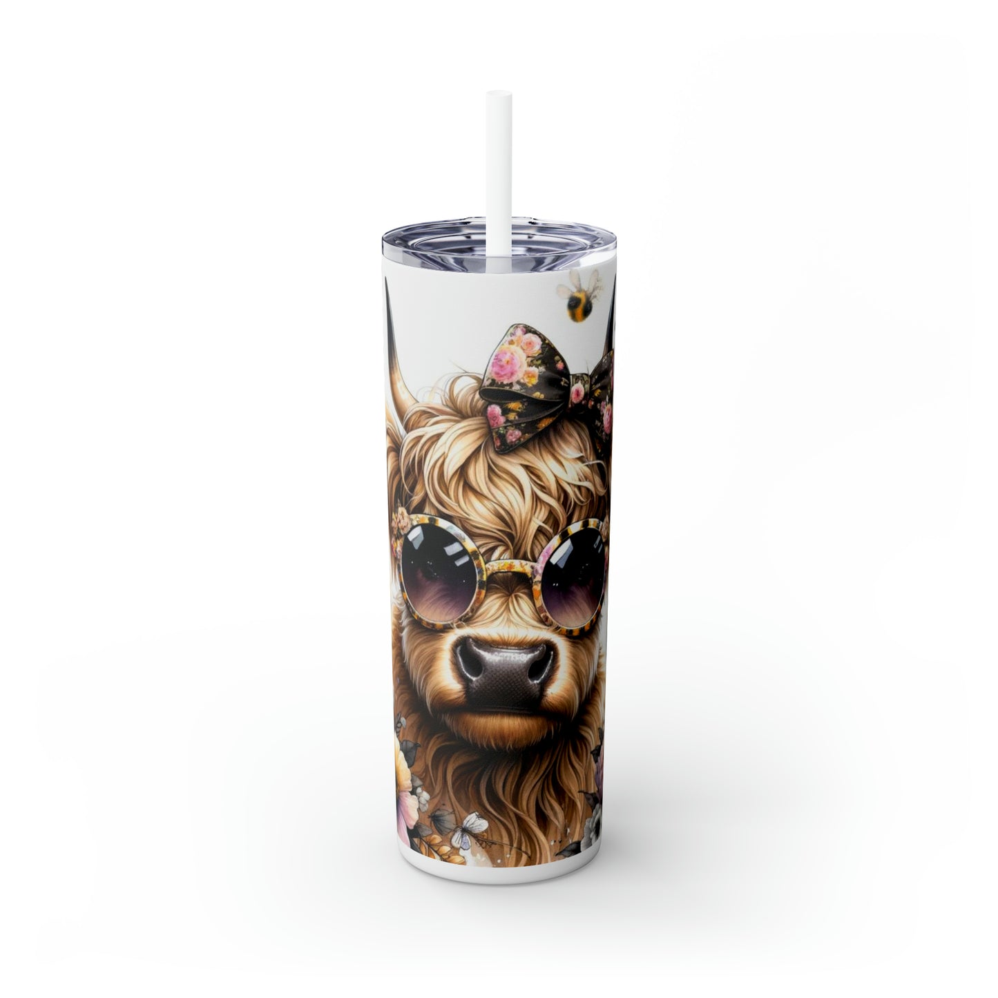 Skinny Tumbler with Straw, 20oz, Highland Cow, Sunflowers, Bees, awd-701