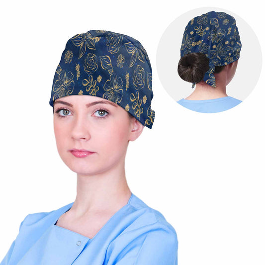 Nurse Scrub Cap Blue and Gold Floral  Scrub Cap