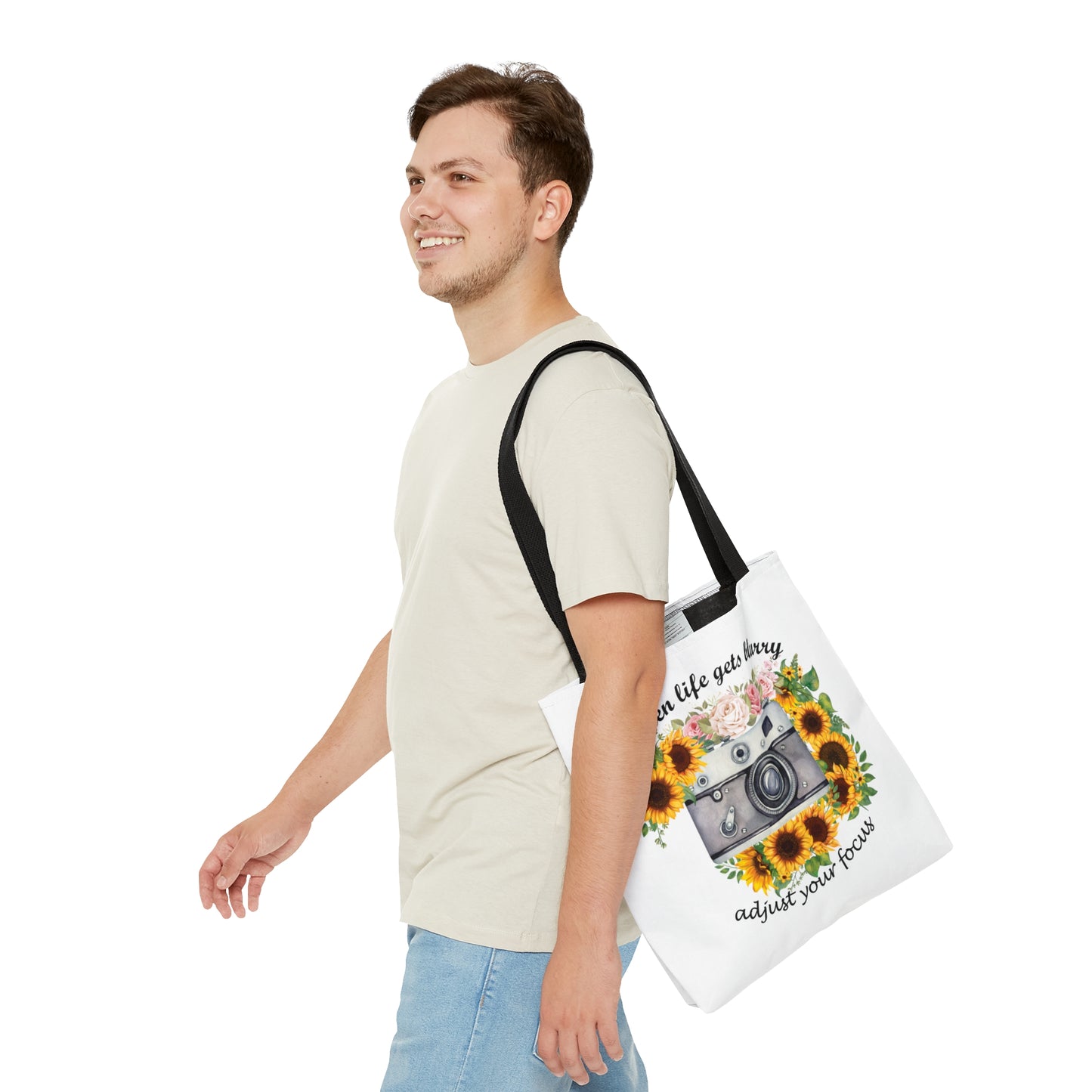 Personalised/Non-Personalised Tote Bag, Sunflower, Camera, When Life gets Blurry adjust your Focus, Tote bag