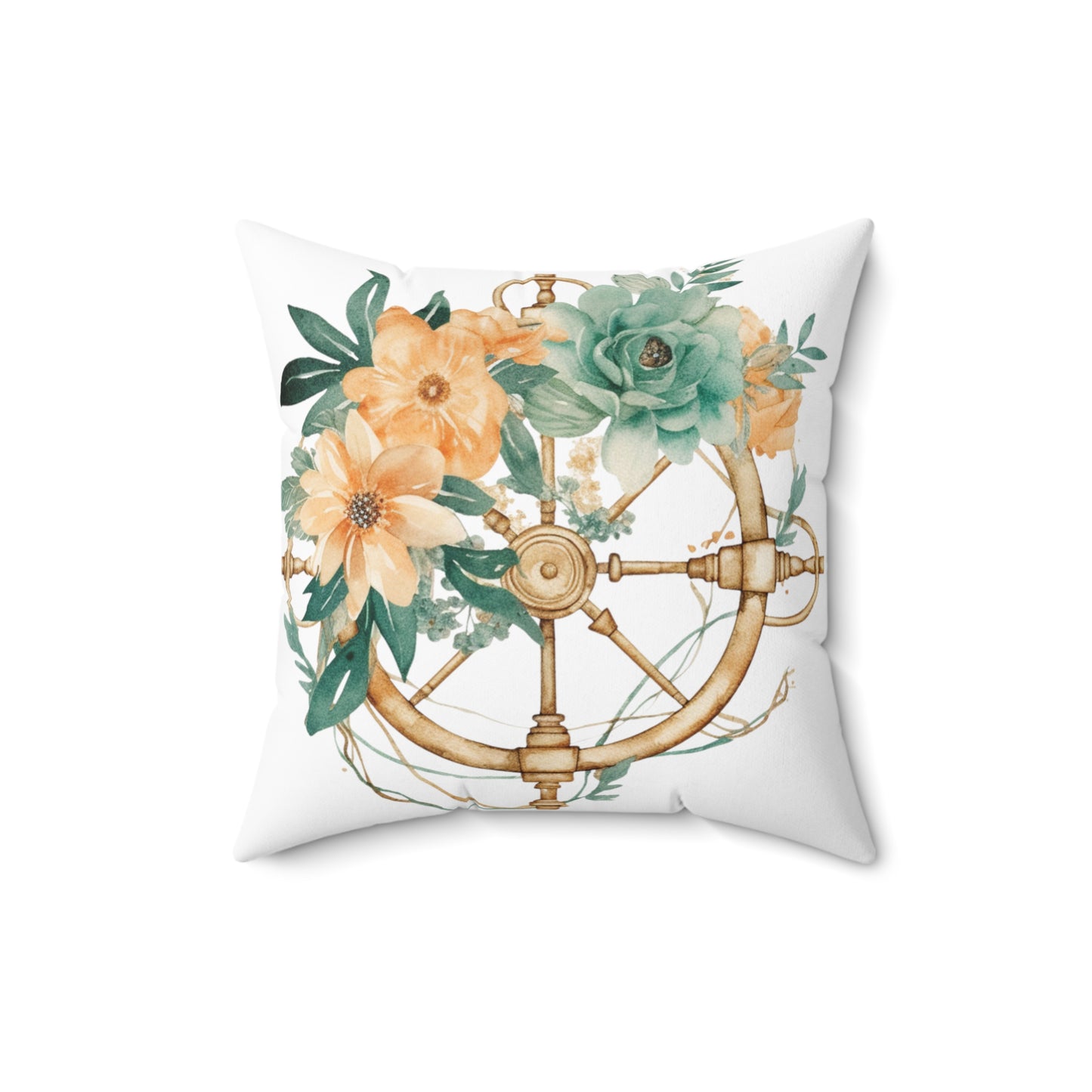 Nautical Polyester Square Cushion, Nautical cushion, Floral Ships Wheel