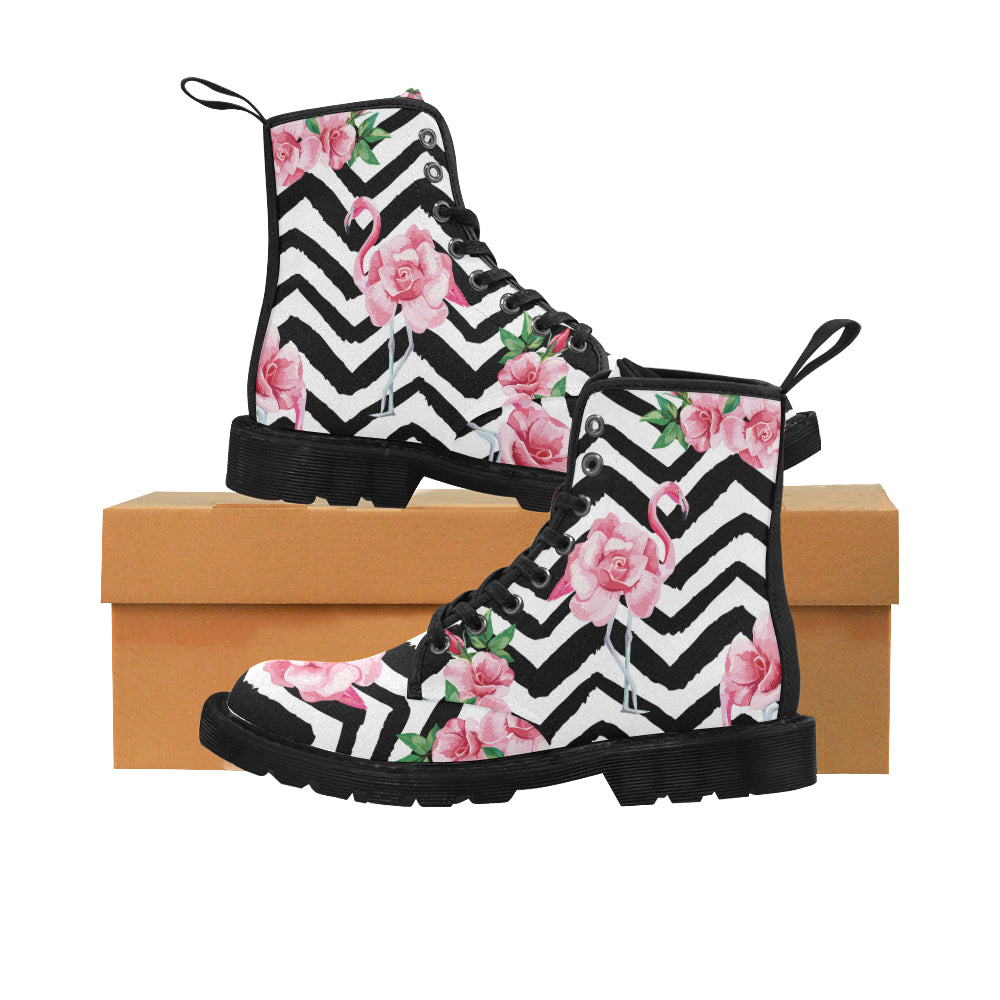 Martin Boots for Women beautiful tropic pink flamingo and rose flowers (Black)