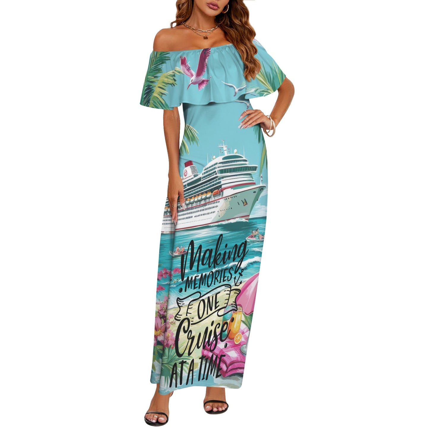 Making memories one cruise at a time-01 Women's Off Shoulder Ruffle Boat Neck Dress (Model D71)
