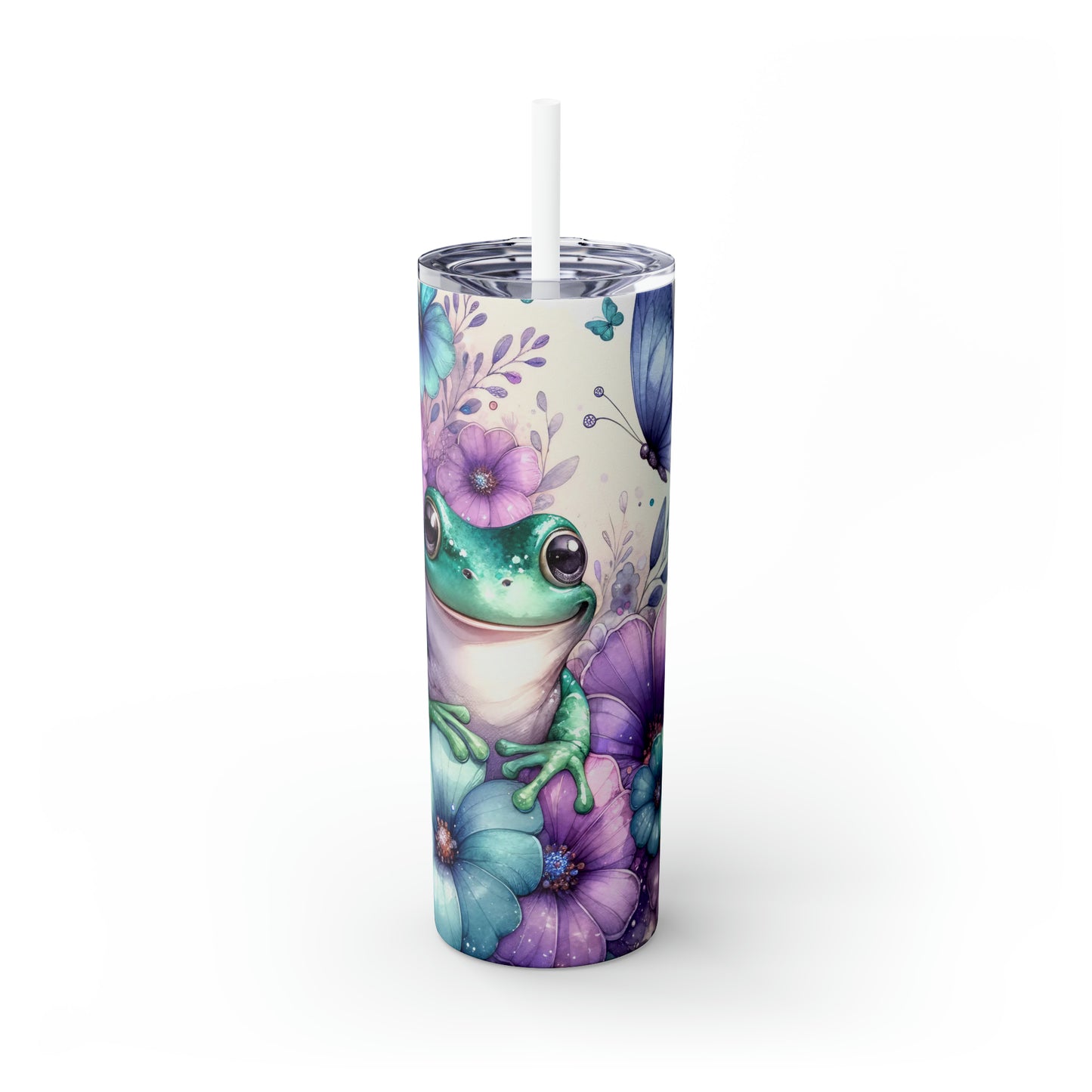 Skinny Tumbler with Straw, 20oz, Floral & Frog, awd-413