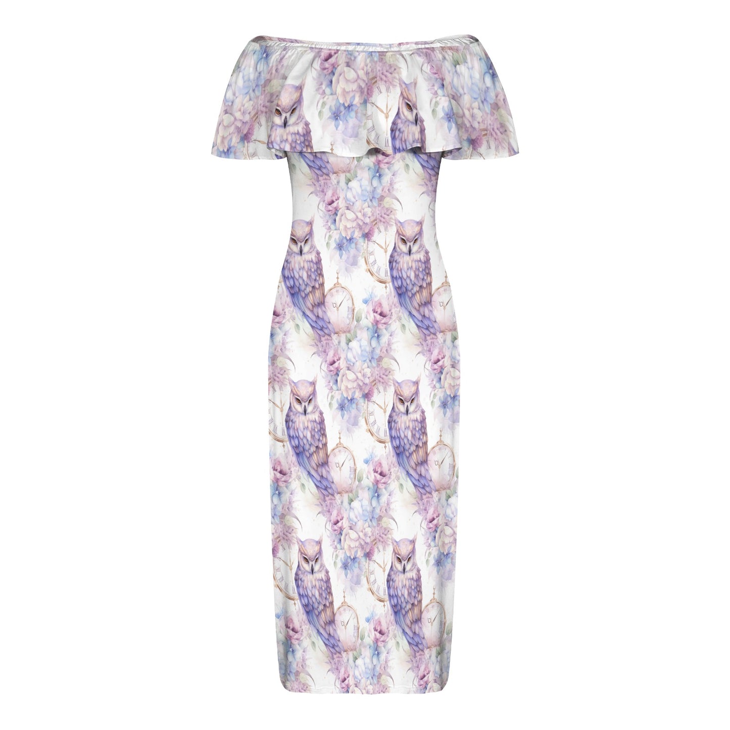 Pastel Owls Women's Off Shoulder Ruffle Boat Neck Dress (Model D71)