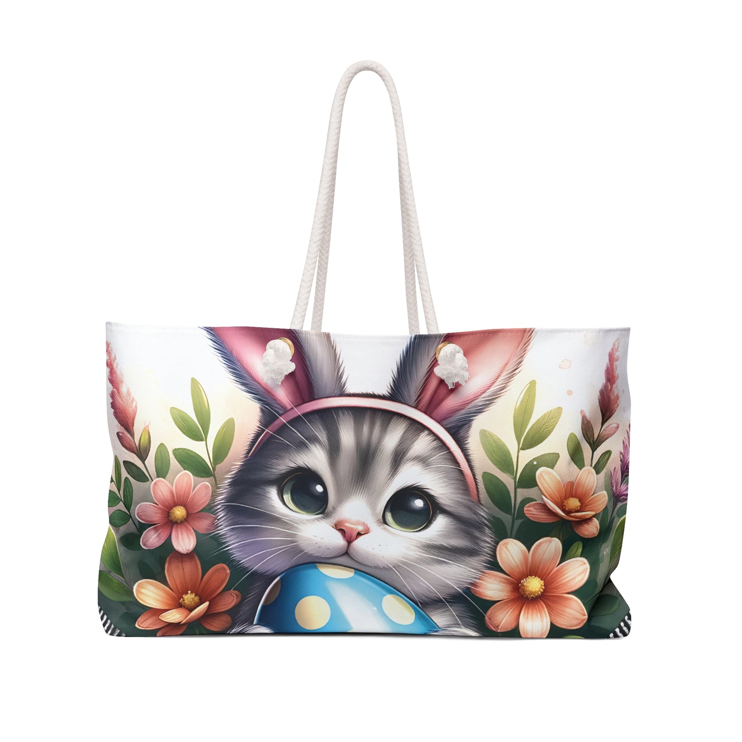 Personalised/Non-Personalised Weekender Bag, Easter, Cute Cat with Bunny Ears, Large Weekender Bag, Beach Bag, Book Bag