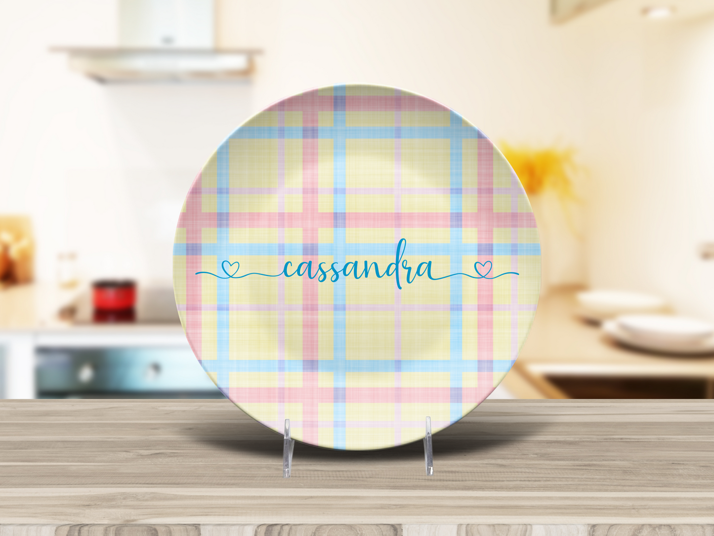 Pastel Plaid Lemon Pink and Blue Personalised Plate