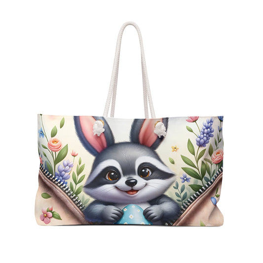 Personalised/Non-Personalised Weekender Bag, Easter, Cute Racoon, Large Weekender Bag, Beach Bag, Book Bag