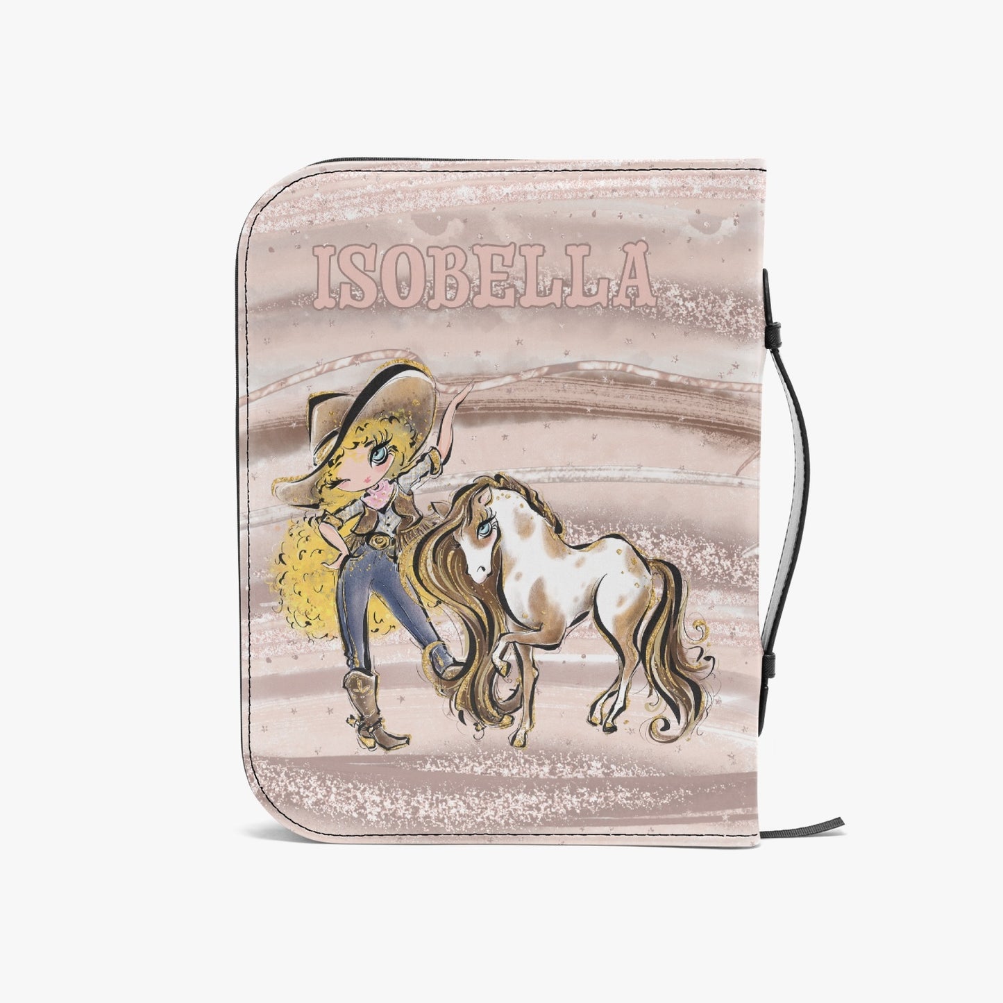 Book Cover, Bible Cover, Howdy, Cowgirl and Horse, Blonde Curly Hair, Blue Eyes