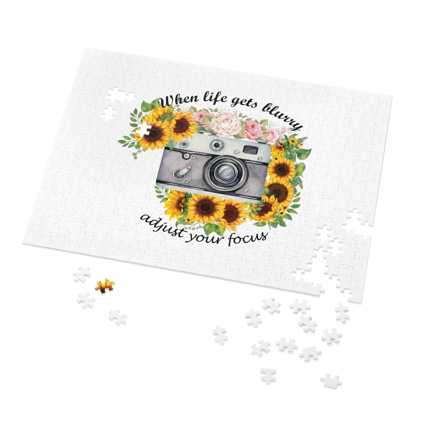 Jigsaw Puzzle, Sunflower, Camera, When life gets blurry adjust your focus, Personalised/Non-Personalised (30, 110, 252, 500,1000-Piece)