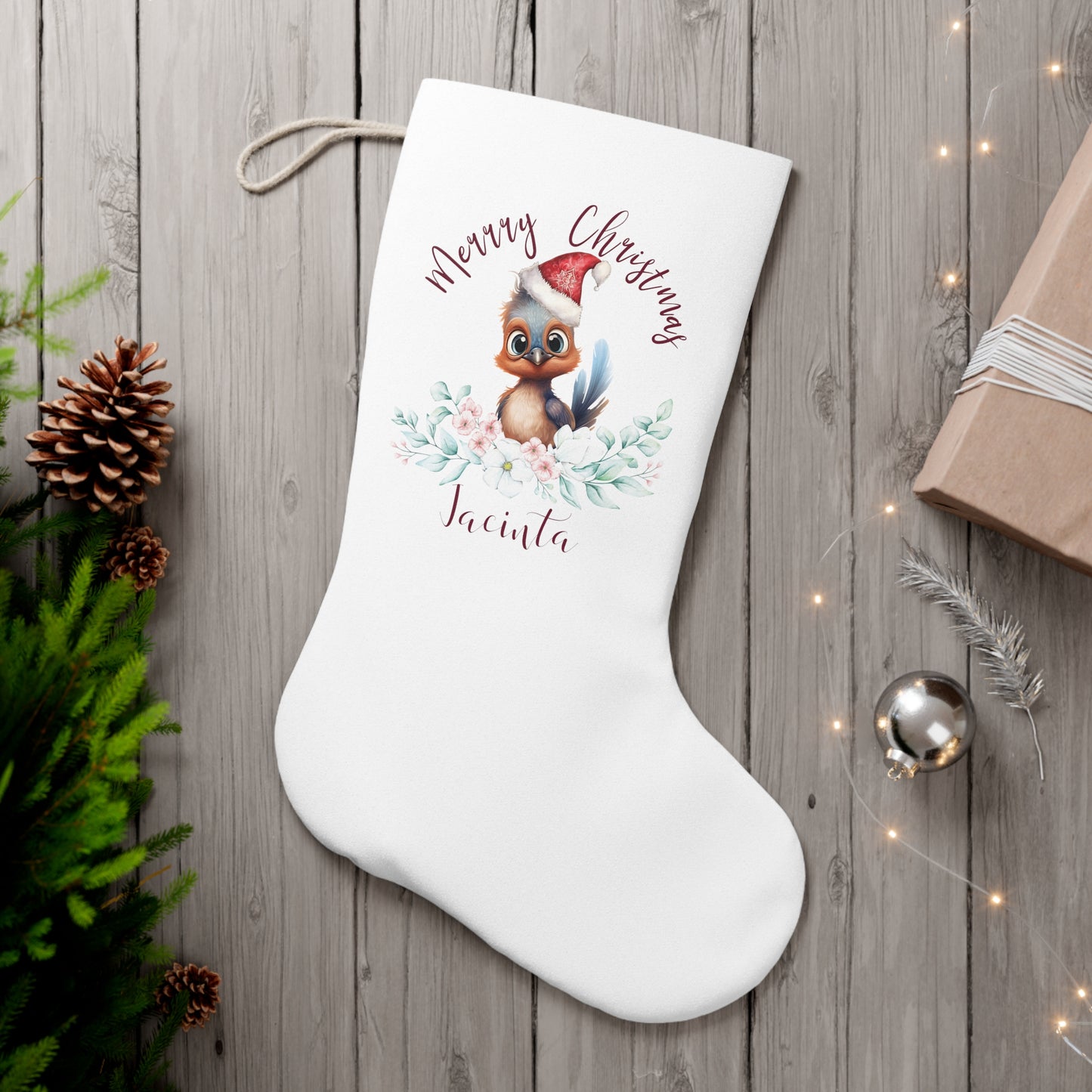 Personalised Santa Stocking, Australian Animals Eucalyptus, Lyrebird