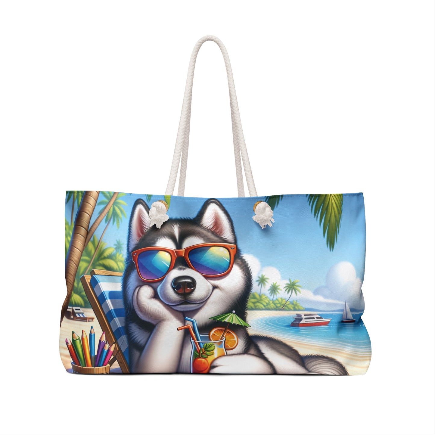 Personalised/Non-Personalised Weekender Bag, Summer Beach Dog, Siberian Husky, Large Weekender Bag, Beach Bag, Book Bag