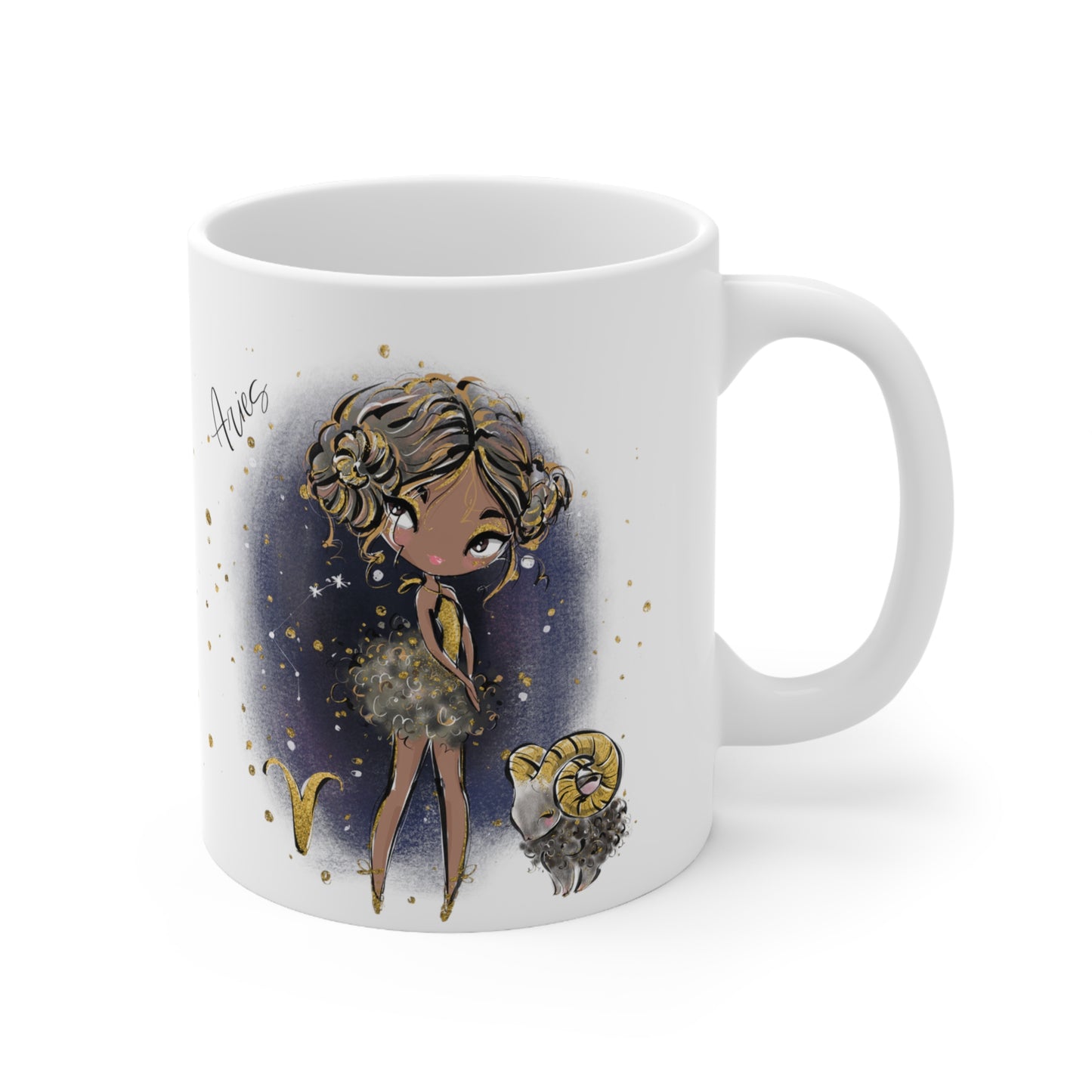 Personalised/Non Personalised Zodiac Sign, Aries, Ceramic Mug 11oz Brown Hair - Olive Skin - Brown Eyes - Bg