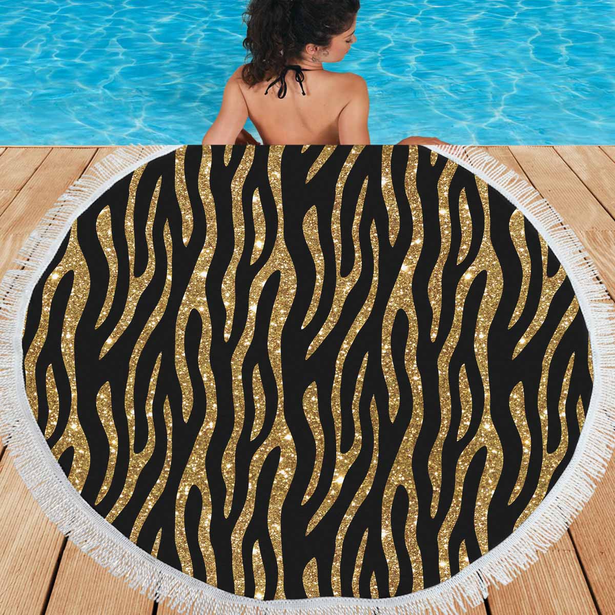 Black and Gold Glitter Leopard Print  Circular Beach Shawl 59"