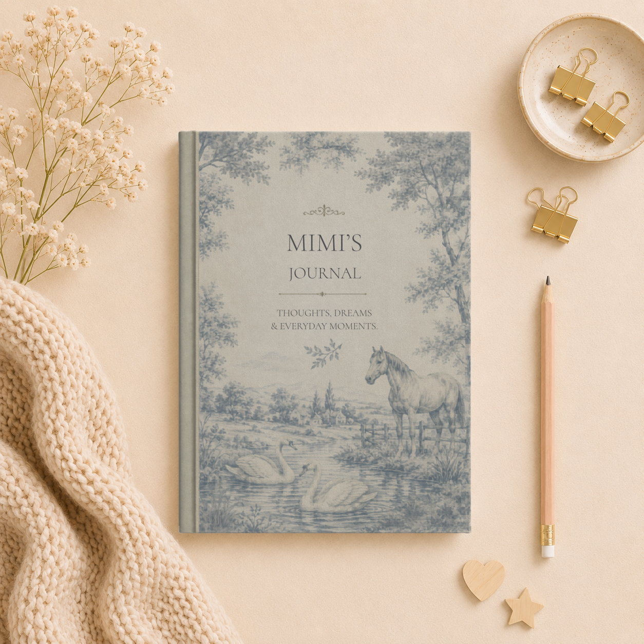Customizable Matte Hardcover Journal, Personalized Writing Notebook, Elegant Design, Horse and Swan Illustration, Gifts for Writers