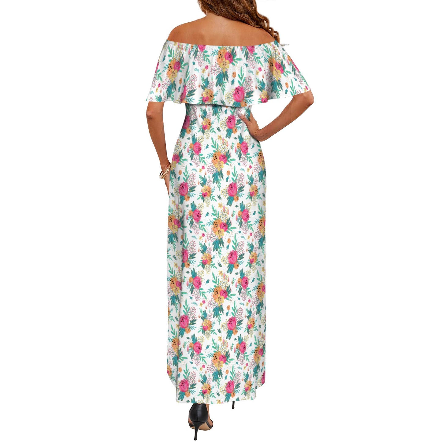 Australian Floral Women's Off Shoulder Ruffle Boat Neck Dress (Model D71)