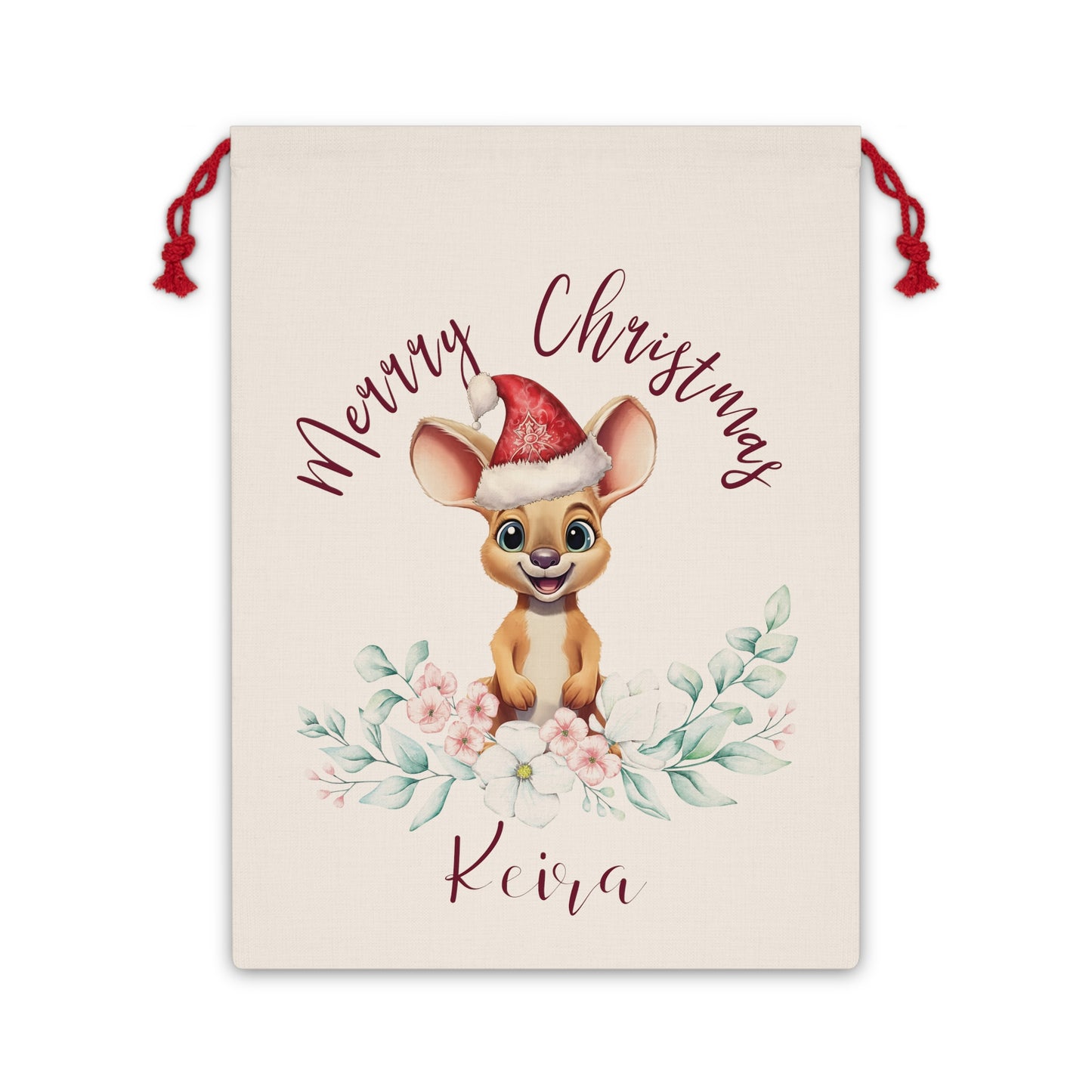 Personalised Santa Sack, Kangaroo, Eucalyptus Leaves Linen Bag