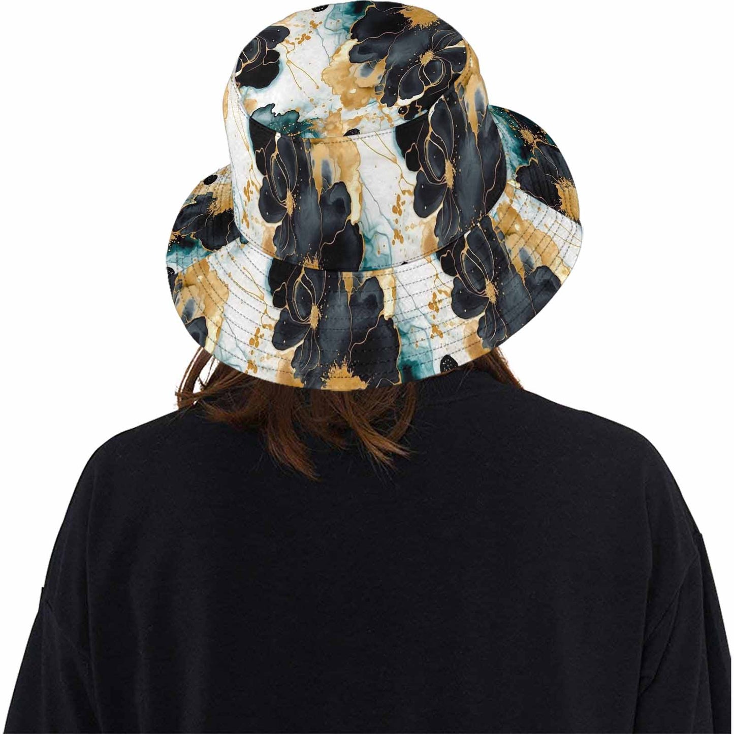 Black Gold & Green Ink Floral  Unisex Summer Single-Layer Bucket Hat