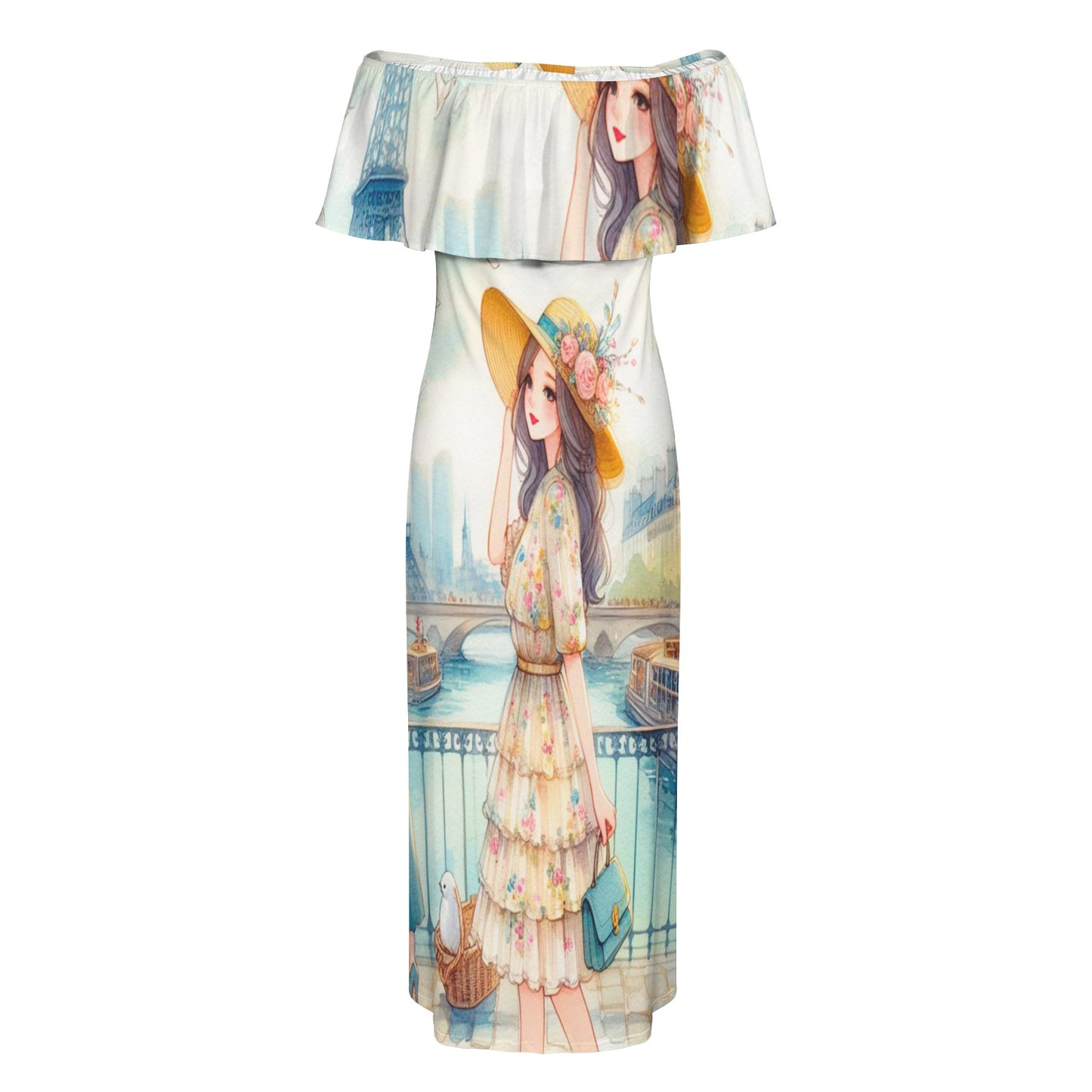 Girl 9 Women's Off Shoulder Ruffle Boat Neck Dress (Model D71)