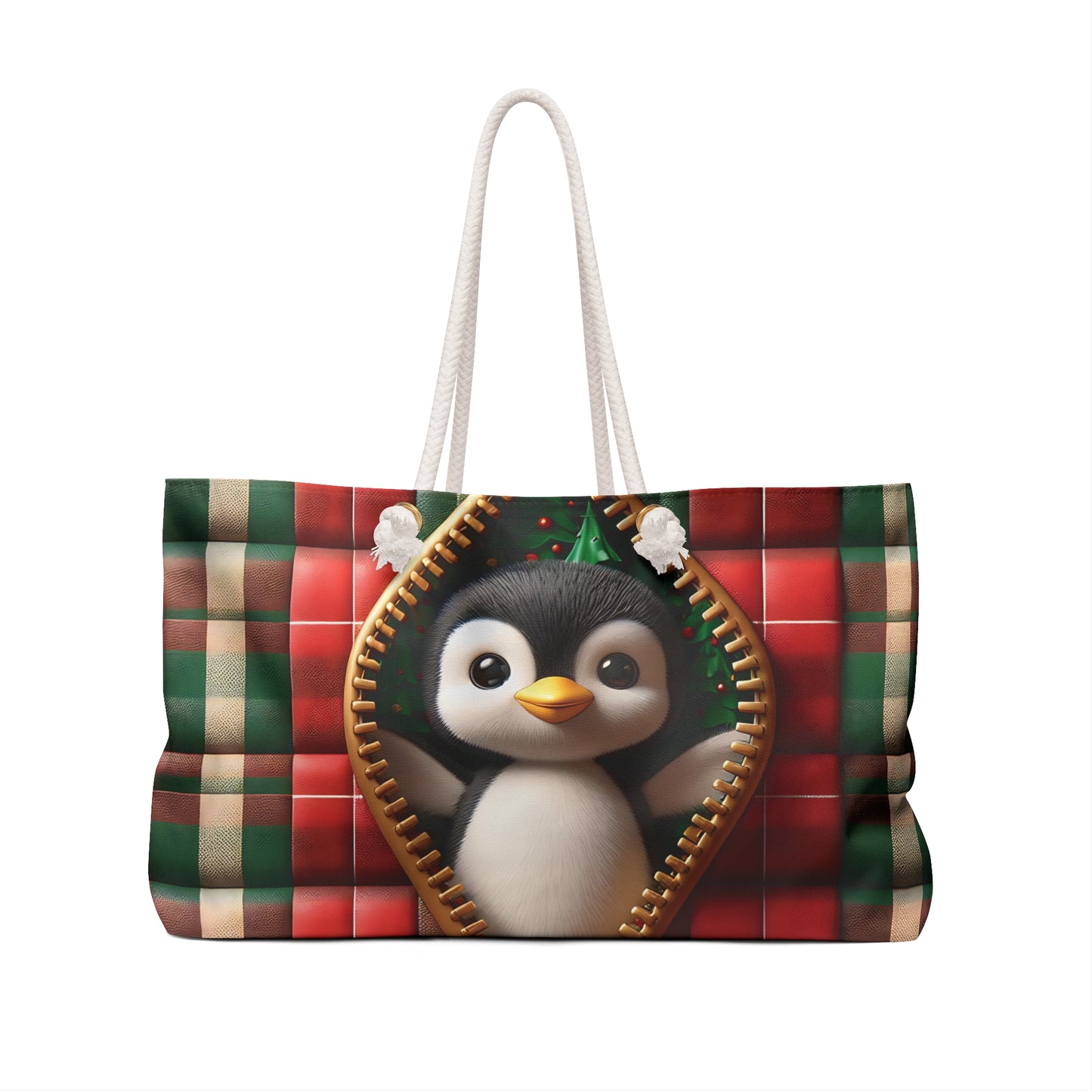 Personalised/Non-Personalised Weekender Bag, Cute Penguin, Tartan, Large Weekender Bag, Beach Bag, Book Bag