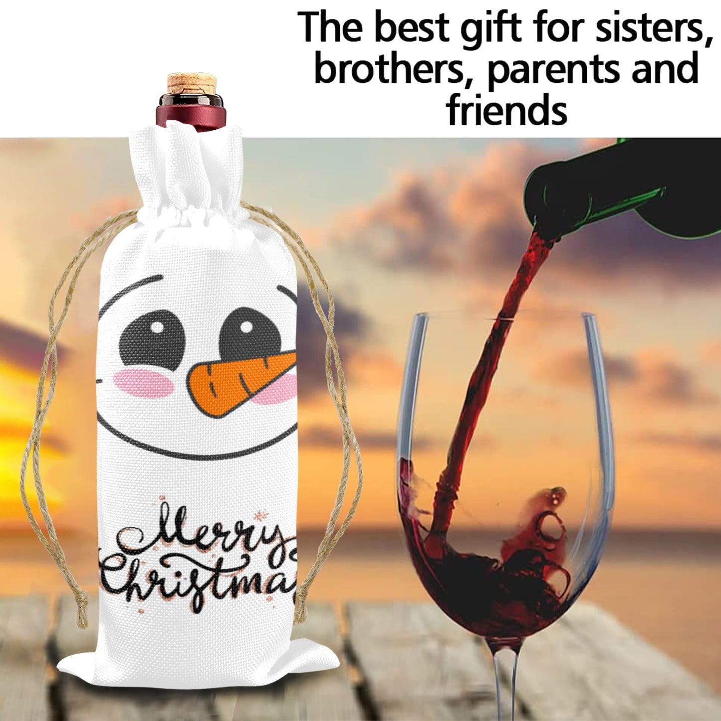 Merry Christmas Snowman Linen Wine Bottle Bag