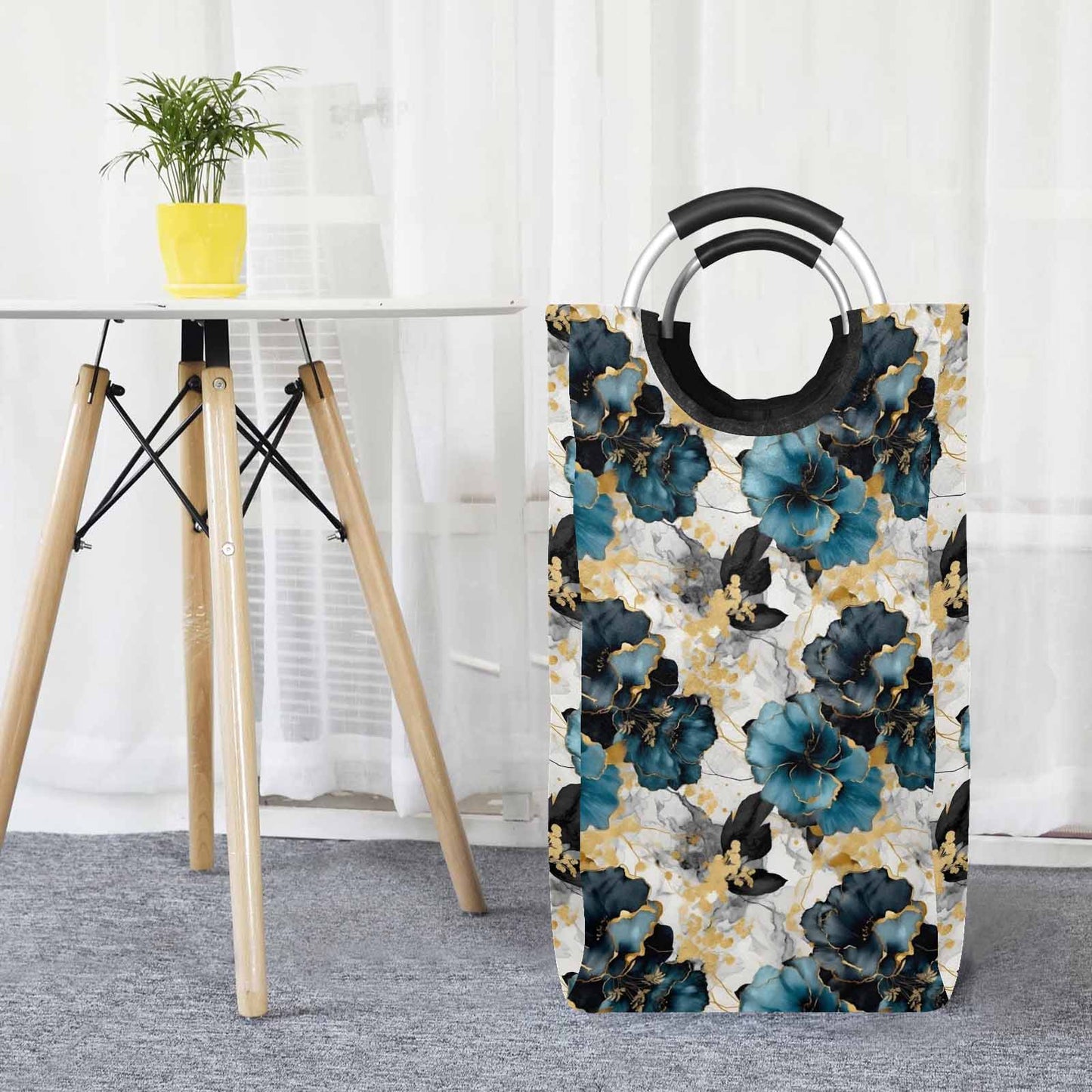 Blue & Gold Ink Floral  Square Laundry Basket