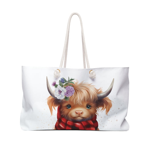 Personalised/Non-Personalised Weekender Bag, Highland Cow, Large Weekender Bag, Beach Bag, Book Bag