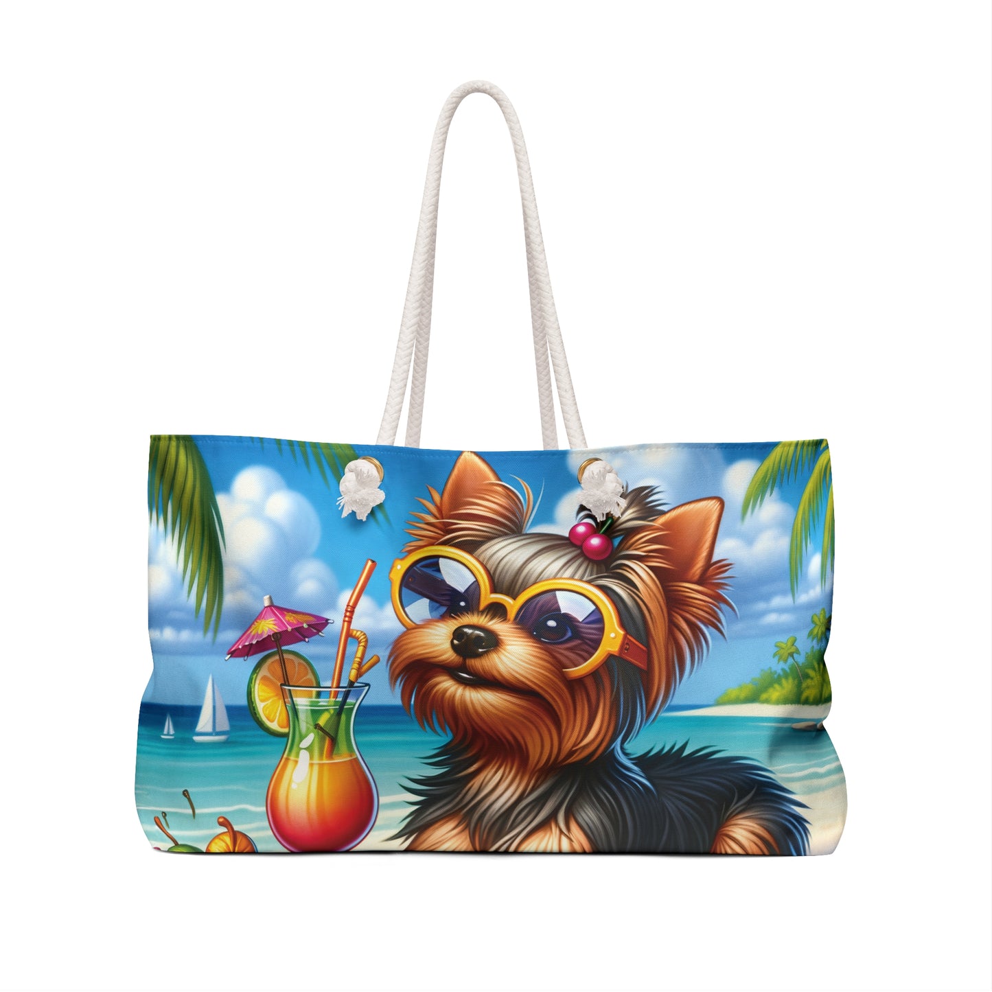 Personalised/Non-Personalised Weekender Bag, Summer Beach Dog, Yorkshire Terrier, Large Weekender Bag, Beach Bag, Book Bag