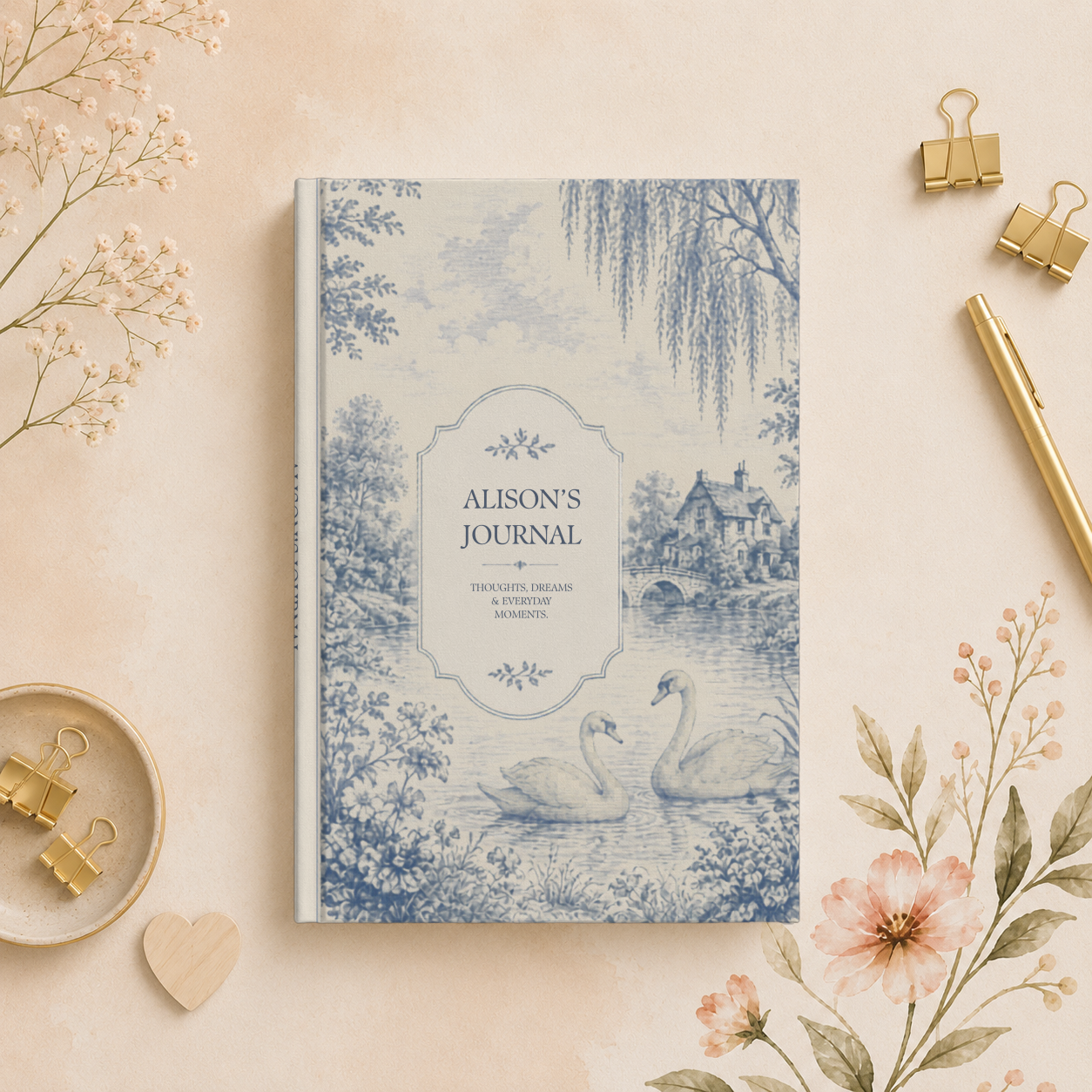 Custom Matte Hardcover Journal, Personalized Writing Notebook, Blue Vintage Style, Elegant Gift for Her, Unique Journal for Writers