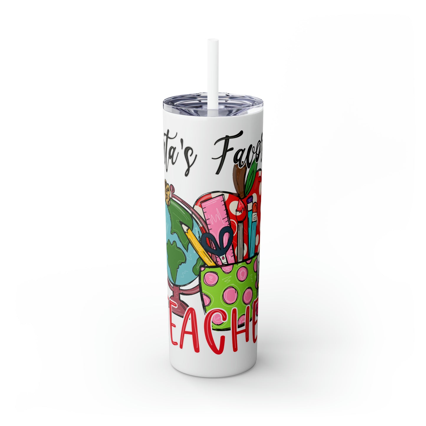 Skinny Tumbler with Straw, 20oz,  Santa's Favorite Teacher