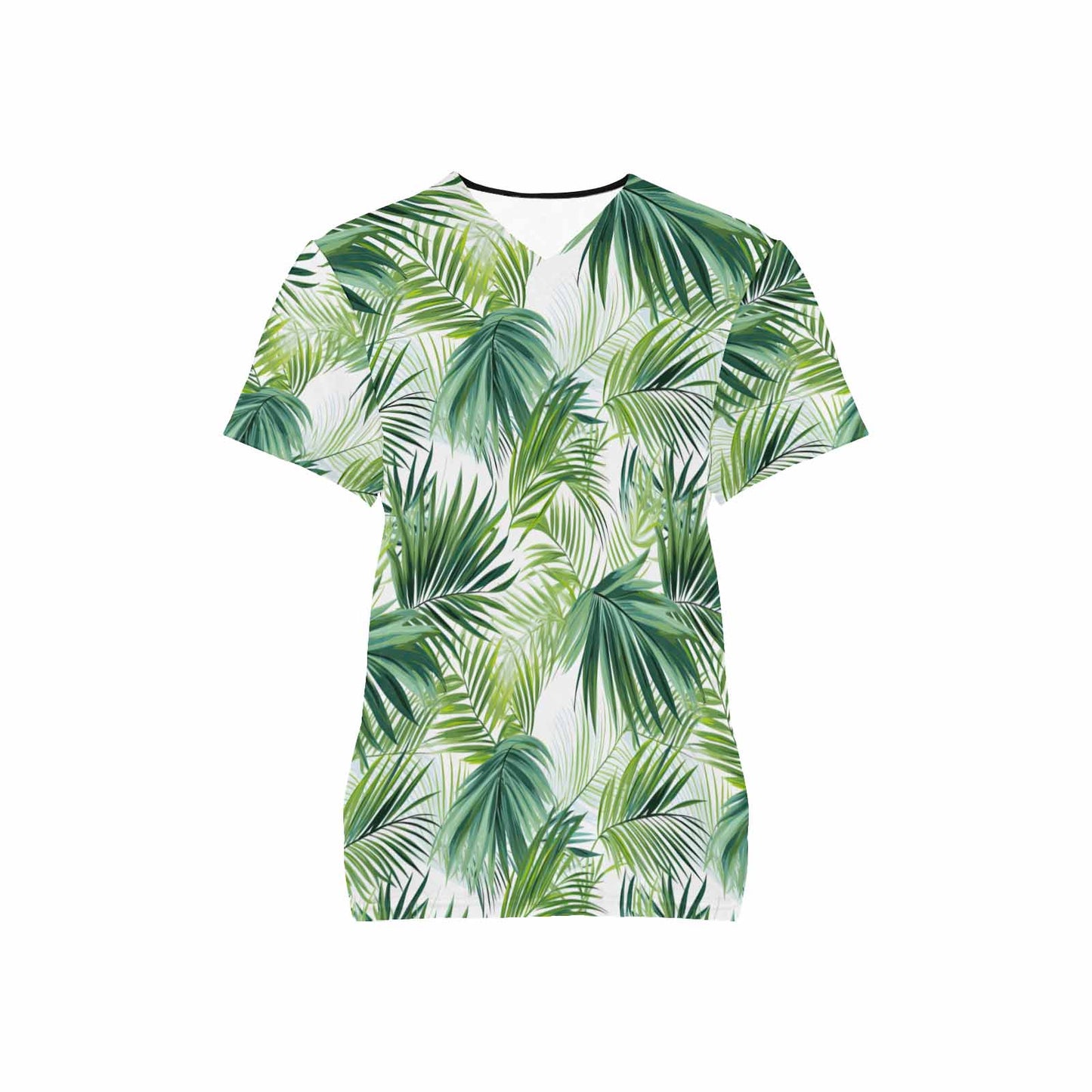 Tropical Green Leaves  Women's V Neck Scrub Top Nurse Uniform with Deep Front Pockets