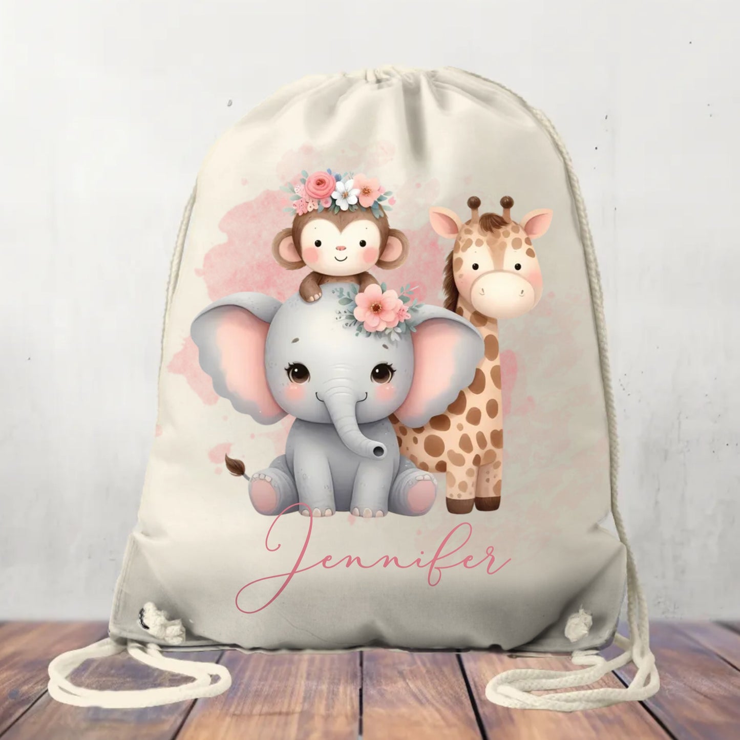 Canvas Drawstring Bag, Personalised Elephant, Giraffe and Monkey