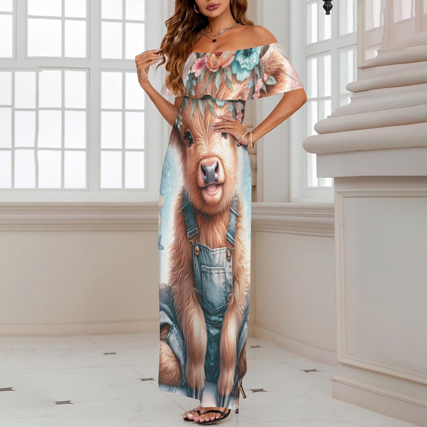Highland cow awd1159 Women's Off Shoulder Ruffle Boat Neck Dress (Model D71)