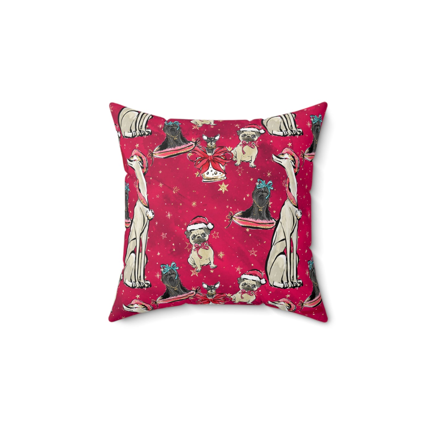 Spun Polyester Square Pillow, Red Doggie Blended Dog Family Christmas Cushion